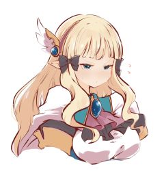 Rule 34 | 1girl, blonde hair, blue eyes, blunt bangs, bow, breasts, cape, elf, hair bow, highres, keinesandayoooo, long hair, pointy ears, princess connect!, saren (princess connect!), simple background, solo, sweat, upper body, white background