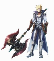 Rule 34 | 1boy, armor, axe, bad id, bad pixiv id, battle axe, black choker, black gloves, blonde hair, boots, choker, coat, collarbone, faulds, full body, gloves, grey footwear, holding, holding polearm, holding weapon, jack atlas, jewelry, knee boots, male focus, necklace, pants, polearm, sidelocks, simple background, solo, spiked hair, standing, torinomaruyaki, weapon, white background, white coat, yu-gi-oh!, yu-gi-oh! 5d&#039;s