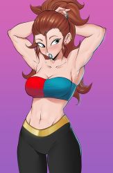 Rule 34 | 1girl, abs, adapted costume, adjusting hair, alternate costume, android 21, armpits, arms behind head, arms up, asymmetrical clothes, bare arms, bare shoulders, black pants, blue eyes, blue nails, blue tube top, blush, breasts, brown hair, cleavage, collarbone, dragon ball, dragon ball fighterz, earrings, echo saber, female focus, gradient background, hair between eyes, highres, jewelry, large breasts, long hair, looking at viewer, midriff, mouth hold, multicolored nails, muscular, muscular female, nail polish, navel, neck, no eyewear, pants, ponytail, purple background, red nails, red tube top, solo, standing, stomach, strapless, toned, tube top, two-tone tubetop, tying hair, yoga pants