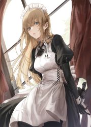 Rule 34 | 1girl, apron, black gloves, black thighhighs, collared shirt, curtains, gloves, green hair, hair strand, holding, holding knife, juliet sleeves, kim eb, knife, long hair, long sleeves, looking at viewer, maid, maid apron, maid headdress, messy hair, original, parted lips, puffy sleeves, shirt, sidelocks, solo, standing, thighhighs, wrist cuffs