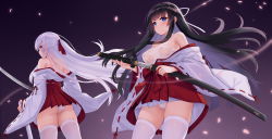 Rule 34 | 2girls, absurdres, allenes, ass, bare shoulders, black hair, blunt bangs, breasts, collarbone, commentary request, cowboy shot, from behind, gradient background, highres, japanese clothes, katana, large breasts, long hair, looking at viewer, looking to the side, miko, miniskirt, multiple girls, nipples, off shoulder, original, panties, petals, ponytail, see-through, serious, sheath, skirt, sword, thighhighs, thighs, underwear, unsheathing, very long hair, weapon, wet, wet clothes, white hair, white legwear, white panties
