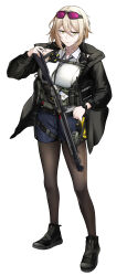 Rule 34 | 1girl, absurdres, alternate costume, ammunition belt, ammunition pouch, black footwear, black jacket, black pantyhose, blonde hair, blue shorts, breasts, closed mouth, cuffs, eyewear on head, full body, girls&#039; frontline, gun, highres, holding, holding gun, holding weapon, holster, jacket, la13, lips, long sleeves, looking at viewer, medium breasts, open clothes, open jacket, original, pantyhose, police, police uniform, policewoman, pouch, serious, shirt, shoes, short hair, shorts, shotgun, solo, standing, thigh holster, uniform, walkie-talkie, weapon, white background, white shirt, yellow eyes