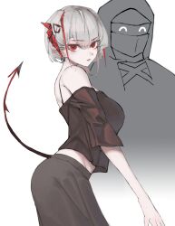 Rule 34 | 1girl, 1other, ^ ^, arknights, back, bare shoulders, breasts, closed eyes, doctor (arknights), earrings, grey hair, highres, hood, hooded jacket, horns, jacket, jewelry, linza, looking at viewer, mask, pointy ears, red eyes, short hair, simple background, tail, w (arknights), white background