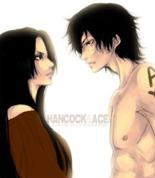 Rule 34 | 1boy, 1girl, alternate costume, amazon warrior, bare shoulders, black hair, boa hancock, character name, freckles, impel down, muscular, one piece, portgas d. ace, tattoo, topless