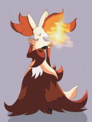 Rule 34 | 1other, animal ear fluff, animal ears, animal nose, arm behind back, body fur, creatures (company), delphox, fire, fox ears, fox tail, furry, game freak, gen 6 pokemon, grey background, hand up, herari, highres, holding, holding stick, looking at viewer, multicolored fur, nintendo, other focus, pokemon, pokemon (creature), red eyes, red fur, simple background, snout, solo, stick, tail, white fur, yellow fur