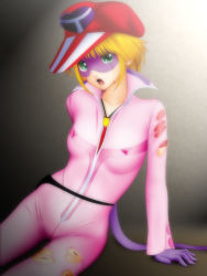 Rule 34 | 1girl, ai-chan, arm support, blonde hair, bodysuit, breasts, crying, crying with eyes open, domino mask, drooling, female focus, gloves, green eyes, hat, highres, injury, kaminari ai, looking at viewer, mask, medium breasts, naturaldays, on floor, open mouth, pink bodysuit, purple gloves, samejima minoru, short hair, small breasts, solo, tatsunoko production, tears, time bokan (series), torn bodysuit, torn clothes, yatterman