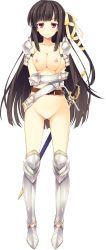 Rule 34 | 1girl, absurdres, armor, armored boots, belt, belt skirt, black hair, blush, boots, breasts, collarbone, gluteal fold, grabbing own arm, greaves, hair ribbon, hand on own hip, highres, koikishi purely kiss, large breasts, long hair, looking at viewer, nipples, no pussy, nude, one side up, red eyes, ribbon, sheath, sheathed, shidou mana, simple background, solo, sword, warrior, weapon, white background, yuuki hagure