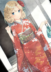 Rule 34 | 1girl, absurdres, alternate costume, bad id, bad pixiv id, blonde hair, blue eyes, blush, closed mouth, floral print, hair ribbon, highres, janus (kancolle), japanese clothes, kantai collection, kimono, long sleeves, ludens (inonaka koubou), obi, print kimono, red kimono, red ribbon, ribbon, sash, short hair, smile, solo, v-shaped eyebrows, wide sleeves