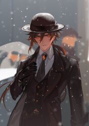 Rule 34 | 1boy, absurdres, alternate costume, blurred background, bowler hat, donaldakron, formal, genshin impact, gloves, hat, highres, looking to the side, snowing, solo focus, umbrella, zhongli (genshin impact)