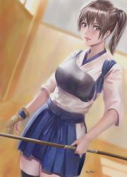 Rule 34 | 1girl, absurdres, blue skirt, blurry, blurry background, blush, bow (weapon), breasts, brown eyes, brown hair, closed mouth, gloves, hair between eyes, hakama, hakama short skirt, hakama skirt, highres, holding, holding bow (weapon), holding weapon, indoors, japanese clothes, kaga (kancolle), kantai collection, long hair, muneate, murasaki-sin, partially fingerless gloves, ponytail, side ponytail, sidelocks, signature, single glove, skirt, solo, tasuki, thighhighs, weapon, yumi (bow)