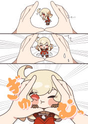 Rule 34 | 1girl, 1other, 3koma, :3, :d, ^ ^, absurdres, ahoge, blush stickers, brown footwear, brown gloves, brown scarf, chibi, closed eyes, coat, comic, commentary request, finger frame, genshin impact, gloves, hair between eyes, highres, klee (genshin impact), light brown hair, long hair, long sleeves, looking at viewer, low twintails, open mouth, orange eyes, out of frame, outstretched arms, pocket, pov, red coat, running towards viewer, scarf, shinonome nashi, sidelocks, silent comic, smile, spread arms, translation request, twintails