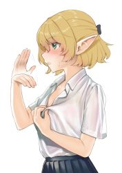 Rule 34 | 1girl, afterimage, alternate costume, black skirt, blonde hair, blush, collared shirt, contemporary, fanning face, from side, green eyes, hot, mizuhashi parsee, pointy ears, profile, shirt, shirt grab, sho shima, short hair, simple background, skirt, solo, sweat, touhou, upper body, white background, white shirt, wing collar