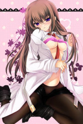 Rule 34 | 1girl, bad id, bad pixiv id, between breasts, blush, bow, breasts, censored, convenient censoring, hand in own hair, lab coat, pantyhose under shorts, long hair, makise kurisu, medium breasts, navel, necktie, necktie between breasts, ninoko, nipples, no panties, open clothes, open fly, open shirt, pantyhose, red necktie, ribbon, shirt, shorts, solo, steins;gate, sweat, tsurime, unzipped