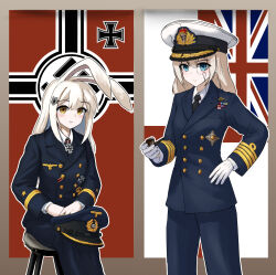 Rule 34 | 2girls, anchor symbol, animal ears, badge, black headwear, black necktie, black ribbon, blonde hair, blue eyes, blue headwear, blue jacket, blue pants, border, breast pocket, brown hair, buttoned cuffs, chinese commentary, closed mouth, commentary request, cowboy shot, cross, feet out of frame, flag background, germany, gloves, grey border, hair ornament, hairclip, hand on own hip, hat, hat ornament, highres, holding, holding smoking pipe, iron cross, jacket, kriegsmarine, lapels, long hair, long sleeves, looking at viewer, lop rabbit ears, military, military hat, military jacket, military uniform, monocle, multicolored ribbon, multiple girls, naval flag, naval uniform, navy, nazi war ensign, necktie, notched lapels, on stool, original, outline, outside border, own hands together, pants, parted lips, peaked cap, peaked lapels, pocket, rabbit ears, red ribbon, reichsadler, ribbon, ribbon bar, round eyewear, royal navy, shield hair ornament, shirt, sitting, smile, smoking pipe, star (symbol), stool, striped clothes, striped jacket, swastika, uniform, union jack, united kingdom, unworn hat, unworn headwear, weimar 29, white gloves, white hair, white headwear, white outline, white ribbon, white shirt, world war ii
