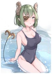 Rule 34 | 1girl, nanashi inc., bad id, bad twitter id, blue eyes, blush, breasts, cleavage, collarbone, demon girl, demon horns, demon tail, eyepatch, green eyes, green hair, honey strap, horns, kneeling, large breasts, looking at viewer, one-piece swimsuit, open mouth, parted lips, rippootai, sekishiro mico, short hair, sketch, solo, swimsuit, tail, virtual youtuber, water