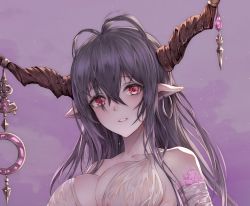 Rule 34 | 1girl, antenna hair, bad id, bad pixiv id, black hair, breasts, danua, draph, earrings, granblue fantasy, highres, horns, jewelry, large breasts, long hair, looking at viewer, myless, pale skin, pointy ears, red eyes, solo, upper body