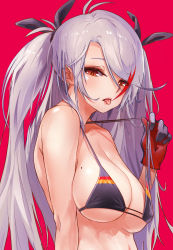 Rule 34 | absurdres, antenna hair, azur lane, bare arms, bare shoulders, bikini, breasts, cleavage, commentary request, covered erect nipples, flag print, frown, german flag bikini, gloves, grey hair, highres, large breasts, long hair, looking at viewer, mole, mole on breast, multicolored hair, narrowed eyes, nimra, prinz eugen (azur lane), prinz eugen (unfading smile) (azur lane), red background, red eyes, simple background, stomach, strap pull, streaked hair, swimsuit, tongue, tongue out, upper body