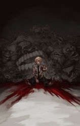 Rule 34 | 1boy, black necktie, blonde hair, blood, blood on clothes, blood on face, blood on feet, blood on ground, chainsaw man, collared shirt, crying, death, denji (chainsaw man), eternity devil (chainsaw man), extra eyes, extra faces, extra legs, extra mouth, highres, looking at viewer, mutilation, nakano (2 mannaka), necktie, pool of blood, shirt, short hair, teeth, v, white shirt