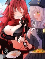 Rule 34 | 2girls, black bow, black bowtie, black dress, black gloves, black jacket, black pants, blue sky, blush, bow, bowtie, breasts, cleavage, cloak, cloud, commentary request, cowboy shot, cropped jacket, day, dress, fingerless gloves, food, food on face, fork, gloves, goddess of victory: nikke, grin, groin, hair between eyes, head-mounted display, highres, hip vent, holding, holding fork, horns, jacket, jacket on shoulders, large breasts, leather, leather jacket, leather pants, long hair, long sleeves, mechanical horns, multiple girls, navel, noodles, open mouth, pants, plate, red hair, red hood (nikke), red jacket, red scarf, scarf, scarf pull, shirayuki runa, sidelocks, signature, sitting, sky, smile, snow white (innocent days) (nikke), snow white (nikke), stomach, sweat, teeth, unzipped, white cloak, white hair, yellow eyes