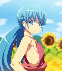 Rule 34 | 1girl, bad id, bad twitter id, bare shoulders, blue eyes, blue hair, blue sky, closed mouth, cure princess, day, flat chest, flower, from side, happinesscharge precure!, looking at viewer, looking to the side, low twintails, outdoors, overalls, precure, shirayuki hime, sky, smile, solo, sunflower, sweat, tasaka shinnosuke, thick eyebrows, twintails, upper body