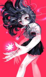 Rule 34 | 1girl, black eyes, black hair, black skirt, collared shirt, feet out of frame, fingernails, floating hair, grey shirt, highres, jewelry, necklace, original, pleated skirt, red background, red pupils, sharp fingernails, shirt, short sleeves, simple background, sizucomaru, skirt, solo