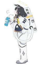 Rule 34 | 1girl, animal ears, astronaut, black hair, blue archive, bottle, breath, concept art, cup, dog ears, dog girl, dog tail, drinking straw, from side, halo, hand in pocket, heavy breathing, helmet, hibiki (blue archive), holding, holding bottle, long hair, long sleeves, mimitoke, simple background, solo, space helmet, spacesuit, steam, sweat, tail, water bottle, white background, yellow halo