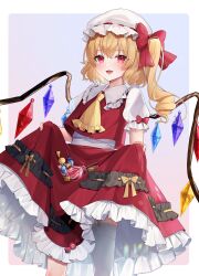Rule 34 | 1girl, absurdres, ascot, blonde hair, blush, candy, crystal, fang, flandre scarlet, food, frilled skirt, frilled sleeves, frills, garter straps, hair between eyes, hat, highres, lollipop, long hair, mob cap, open mouth, red eyes, red skirt, red vest, short sleeves, side ponytail, single thighhigh, skirt, smile, solo, thighhighs, touhou, usushio, vest, white hat, white thighhighs, wings, yellow ascot