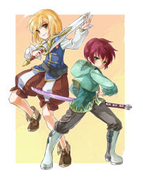 Rule 34 | 2boys, aged down, asbel lhant, bad id, bad pixiv id, blonde hair, boots, brown hair, fighting stance, green eyes, green shirt, grey eyes, katana, knee boots, male focus, multiple boys, ready to draw, richard (tales), rick (artist), rick (milklion), shirt, sword, tales of (series), tales of graces, weapon, yellow background