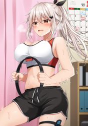 Rule 34 | 1girl, bare arms, bare shoulders, black ribbon, black shorts, blush, breasts, calendar (object), cleavage, commentary request, crop top, curtains, etna (kuzuyu), grey hair, hair between eyes, hair ribbon, highres, holding, indoors, komori kuzuyu, large breasts, long hair, looking away, midriff, navel, open mouth, original, ponytail, red eyes, ribbon, ring-con, ring fit adventure, short shorts, shorts, solo, sports bra, sweat, tears, translation request, trembling, very long hair, wavy mouth