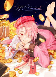 Rule 34 | 1boy, ahoge, aster (nu carnival), barefoot, beret, blush, coin, copyright name, crossed ankles, feet, feet up, gold coin, hair over one eye, hat, head on hand, head rest, jacket, jewelry, long sleeves, looking at viewer, lying, male focus, necklace, nu carnival, on stomach, one eye closed, parted bangs, pearl necklace, pink hair, plaid headwear, pointy ears, puthialt, red eyes, ribbon, short hair, shorts, smile, soles, solo, toes, treasure chest
