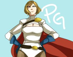 Rule 34 | 1girl, belt, blonde hair, blue eyes, breasts, cape, cleavage, cleavage cutout, clothing cutout, dc comics, gloves, hands on own hips, kryptonian, large breasts, leotard, looking at viewer, power girl, red cape, short hair, solo