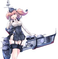 Rule 34 | 1girl, absurdres, anchor hair ornament, atlanta (kancolle), black headwear, black skirt, breasts, brown hair, cowboy shot, crane (machine), dress shirt, earrings, garrison cap, garter straps, gloves, grey eyes, hair ornament, hat, high-waist skirt, highres, jewelry, kantai collection, kyou (tr-6), large breasts, long hair, long sleeves, machinery, partially fingerless gloves, shirt, skirt, star (symbol), star earrings, suspender skirt, suspenders, thigh strap, transparent background, turret, two side up, white gloves, white shirt