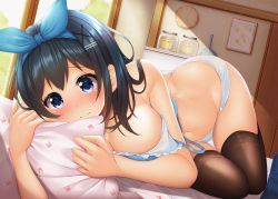 Rule 34 | 1girl, 3:, ass, bed, bed sheet, bedroom, black hair, black thighhighs, blue bra, blue ribbon, blush, bow, bra, breasts, bush, cleavage, clock, closed mouth, commentary request, drawing (object), frilled bra, frills, hair bow, hair ornament, hairclip, hugging object, indoors, jar, letter, looking at viewer, love letter, lying, medium breasts, minato ojitan, navel, on bed, original, panties, pillow, pillow hug, purple eyes, ribbon, school uniform, sunlight, thigh gap, thighhighs, thighs, underwear, wall clock, wavy mouth, white panties, window, x hair ornament