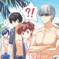 Rule 34 | !?, ..., 1girl, absurdres, amamiya ren, bikini, black hair, blue hair, brown hair, closed mouth, crossed arms, day, grey hair, hair between eyes, hair over one eye, highres, male swimwear, multiple boys, narukami yuu, open mouth, outdoors, persona, persona 3, persona 3 portable, persona 4, persona 5, ponytail, shiomi kotone, shirt, short sleeves, sparkle, spoken ellipsis, sunglasses, sweat, swim trunks, swimsuit, toned, toned male, topless male, tsubsa syaoin, yuuki makoto (persona 3)