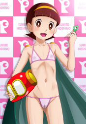 1girl :d bikini bowl_cut brown_eyes brown_hair cameltoe cape cleft_of_venus collarbone covered_erect_nipples cowboy_shot female_focus flat_chest green_cape groin hairband hat helmet highres holding hoshino_sumire light_blush navel open_mouth perman_(series) pink_bikini red_hat short_hair smile solo swimsuit thighs tooo yellow_hairband