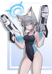 Rule 34 | 1girl, absurdres, animal ear fluff, animal ears, bare shoulders, black one-piece swimsuit, blue archive, blue eyes, blue halo, breasts, closed mouth, collarbone, commentary request, competition swimsuit, covered navel, cowboy shot, cross hair ornament, dual wielding, extra ears, finger on trigger, grey hair, gun, hair between eyes, hair ornament, halo, highleg, highleg swimsuit, highres, holding, holding gun, holding weapon, light blush, looking at viewer, low ponytail, medium breasts, medium hair, mismatched pupils, multicolored clothes, multicolored swimsuit, official alternate costume, one-piece swimsuit, partial commentary, sharlll, shiroko (blue archive), shiroko (swimsuit) (blue archive), solo, standing, swimsuit, two-tone swimsuit, weapon, wolf ears