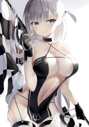 Rule 34 | 1girl, absurdres, azur lane, bare shoulders, black choker, black gloves, blue eyes, breasts, checkered flag, choker, cleavage, closed mouth, collarbone, cowboy shot, criss-cross halter, expressionless, flag, gloves, halterneck, hand up, highres, holding, large breasts, long hair, looking at viewer, mole, mole under eye, navel, one side up, race queen, revealing clothes, shoukaku (azur lane), shoukaku (sororal wings) (azur lane), silver hair, skindentation, solo, stomach, thighs, very long hair, zukan (db tyoutyo)