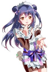 Rule 34 | 1girl, apron, blue hair, commentary request, cowboy shot, detached sleeves, double bun, earrings, hair between eyes, hair bun, jewelry, kiyose akame, long hair, looking at viewer, love live!, love live! school idol project, maid, maid apron, maid headdress, minami kotori (bird), mogyutto &quot;love&quot; de sekkin chuu!, open mouth, pencil skirt, simple background, skirt, smile, solo, sonoda umi, standing, white background, yellow eyes