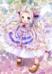 Rule 34 | 1girl, :d, alternate costume, bird, blush, bow, braid, brown footwear, cobblestone, commentary request, cone hair bun, dress, frilled dress, frills, full body, hair bow, hair bun, heterochromia, highres, long hair, looking at viewer, open mouth, pope (ragnarok online), purple eyes, ragnarok online, red bow, red eyes, shoes, siguhoi, smile, solo, twin braids, twintails, white dress, white hair