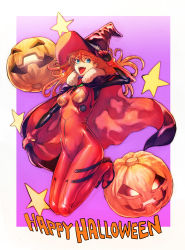 Rule 34 | 1girl, blue eyes, bodysuit, boyaking, breasts, brown hair, cape, commentary request, fur trim, gloves, hair ornament, halloween, happy halloween, hat, jack-o&#039;-lantern, long hair, looking at viewer, neon genesis evangelion, open mouth, pilot suit, plugsuit, rebuild of evangelion, red bodysuit, shiny clothes, skin tight, small breasts, smile, solo, souryuu asuka langley, very long hair, wide hips, witch hat