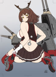 Rule 34 | 10s, 1girl, ass, breasts, butt crack, cyborg, gradient background, highres, huge ass, kantai collection, looking back, mutsu (kancolle), red legwear, skirt, solo, yoshida inuhito