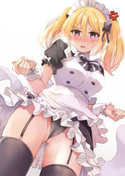 Rule 34 | 1girl, anger vein, apron, black dress, black panties, black thighhighs, blonde hair, blush, breasts, cameltoe, chloe (princess connect!), dress, highres, konka, large breasts, long hair, looking at viewer, panties, pointy ears, princess connect!, puffy short sleeves, puffy sleeves, purple eyes, short sleeves, solo, thighhighs, thighs, twintails, underwear, upskirt