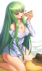 Rule 34 | 1girl, bad id, bad pixiv id, blush, breasts, brown hat, c.c., cheese, cheese-kun, cheese trail, cleavage, code geass, collarbone, collared shirt, commentary, covered erect nipples, eating, english commentary, fingernails, food, green hair, hand up, hat, heart, holding, holding food, holding pizza, jagaimo (kkamja), long hair, long sleeves, looking at viewer, nail polish, naked shirt, no bra, off shoulder, partially unbuttoned, pepperoni, pizza, pizza slice, saliva, saliva trail, see-through, shirt, sidelocks, simple background, single bare shoulder, sitting, solo, spoken heart, straddling, straight hair, thighs, tongue, tongue out, unbuttoned, unbuttoned shirt, vegetable, very long hair, white background, white shirt, yellow eyes