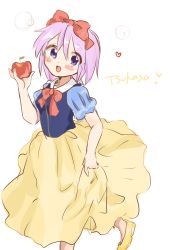 Rule 34 | 1girl, apple, bow, cosplay, disney, food, fruit, heart, highres, hiiragi tsukasa, looking back, lucky star, open mouth, purple hair, red bow, snow white, snow white (disney), snow white (disney) (cosplay), snow white and the seven dwarfs, solo