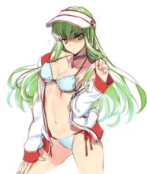 Rule 34 | 1girl, bikini, breasts, c.c., cleavage, code geass, collarbone, cowboy shot, creayus, detached collar, gem, gluteal fold, green hair, twirling hair, hand on own thigh, hat, jacket, legs apart, long hair, long sleeves, looking at viewer, medium breasts, navel, open clothes, open jacket, scar, side-tie bikini bottom, simple background, sketch, solo, standing, stomach, striped bikini, striped clothes, swimsuit, track jacket, tsurime, vertical-striped bikini, vertical-striped clothes, very long hair, visor cap, white background, white jacket, yellow eyes