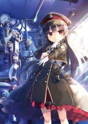 Rule 34 | 1girl, absurdres, bad id, bad twitter id, black hair, black hat, black jacket, black skirt, blush, closed mouth, cura, glove in mouth, gloves, hachiroku (maitetsu), hair between eyes, hair rings, hat, head tilt, highres, jacket, long hair, long sleeves, looking at viewer, maitetsu, mouth hold, outstretched arm, peaked cap, red eyes, shirt, single glove, sketch, skirt, smile, solo, standing, suspender skirt, suspenders, train interior, very long hair, white gloves, white shirt