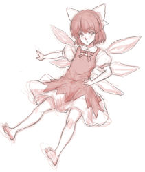 Rule 34 | 1girl, barefoot, bow, cirno, hair bow, hand on own hip, highres, ice, ice wings, kuro suto sukii, leaning back, looking at viewer, monochrome, neck ribbon, outstretched arm, puffy short sleeves, puffy sleeves, ribbon, shirt, short hair, short sleeves, simple background, soles, touhou, white background, wings