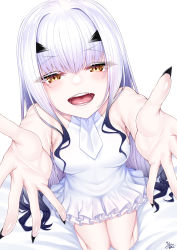 Rule 34 | 1girl, absurdres, bare shoulders, black nails, breasts, brown eyes, collarbone, dress, eyes visible through hair, melusine (fate), fangs, fate/grand order, fate (series), fingernails, forked eyebrows, highres, long hair, looking at viewer, nail polish, open mouth, outstretched arms, sharp fingernails, short dress, sidelocks, small breasts, smile, solo, textless version, thighs, very long fingernails, watosu, white dress, white hair