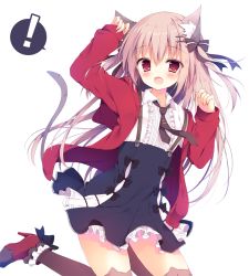 Rule 34 | !, 1girl, :d, animal ear legwear, animal ears, arm up, black bow, blue skirt, bow, brown bow, brown necktie, brown thighhighs, cat ear legwear, cat ears, cat girl, cat tail, collared shirt, commentary request, fang, frilled shirt, frills, hair between eyes, hair bow, hair ornament, hairclip, high-waist skirt, high heels, izumiyuhina, jacket, jumping, light brown hair, long hair, long sleeves, looking at viewer, mimiket, necktie, open mouth, original, pinching sleeves, red eyes, red footwear, red jacket, shirt, simple background, skirt, sleeves past wrists, smile, solo, spoken exclamation mark, suspender skirt, suspenders, tail, tareme, thighhighs, tie clip, very long hair, white background, white shirt