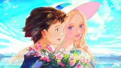 Rule 34 | 2girls, anna (omoide no marnie), bird, blonde hair, blue eyes, blue sky, bouquet, brown hair, cloud, day, face, flower, from side, happy, hat, lake, marnie (omoide no marnie), multiple girls, omoide no marnie, outdoors, parted lips, pink lips, rojo0110, short hair, signature, sky, smile, sun hat, very short hair